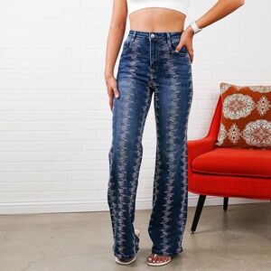 Shelby Rhinestone Straight-Leg Jeans | Blue